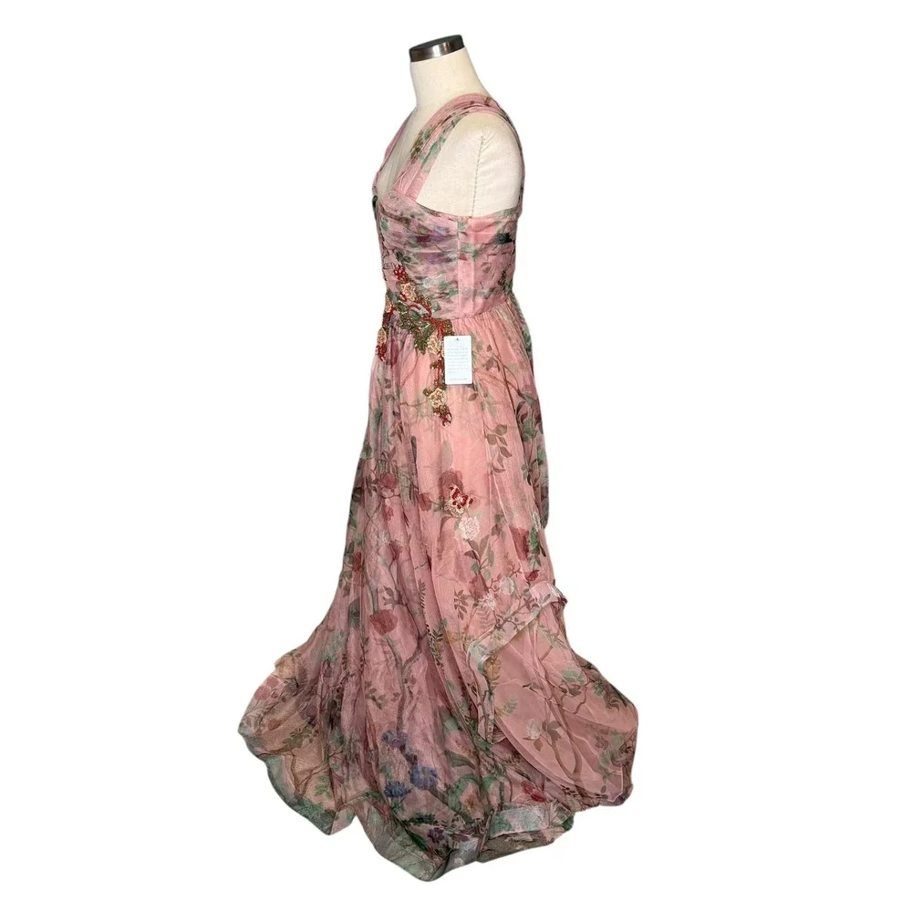 PATBO Pink Floral Print Tulle Evening Gown Beaded Garden Fairy Women's Size 8 - Picture 2 of 13